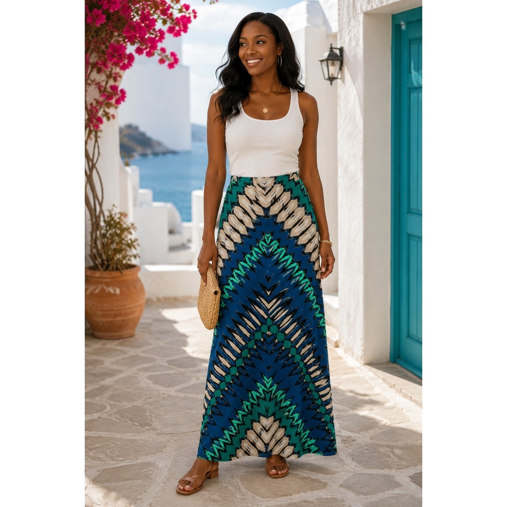 ECI New York Maxi Skirt Womens M Blue Teal Geometric Chevron Boho Pull On Long